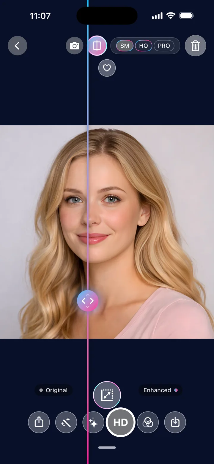 Before and after comparison slider on a portrait in Tweaky