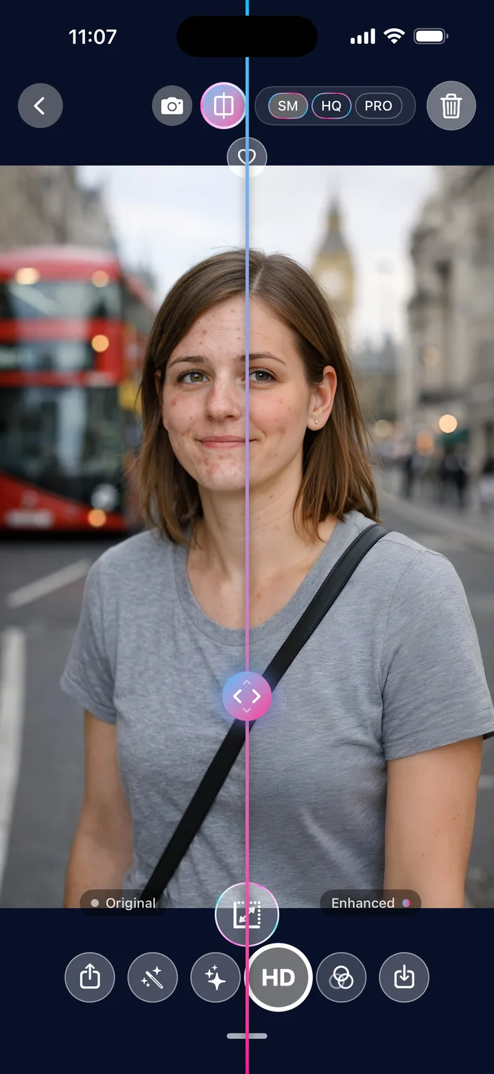 Before and after comparison of a street portrait in Tweaky