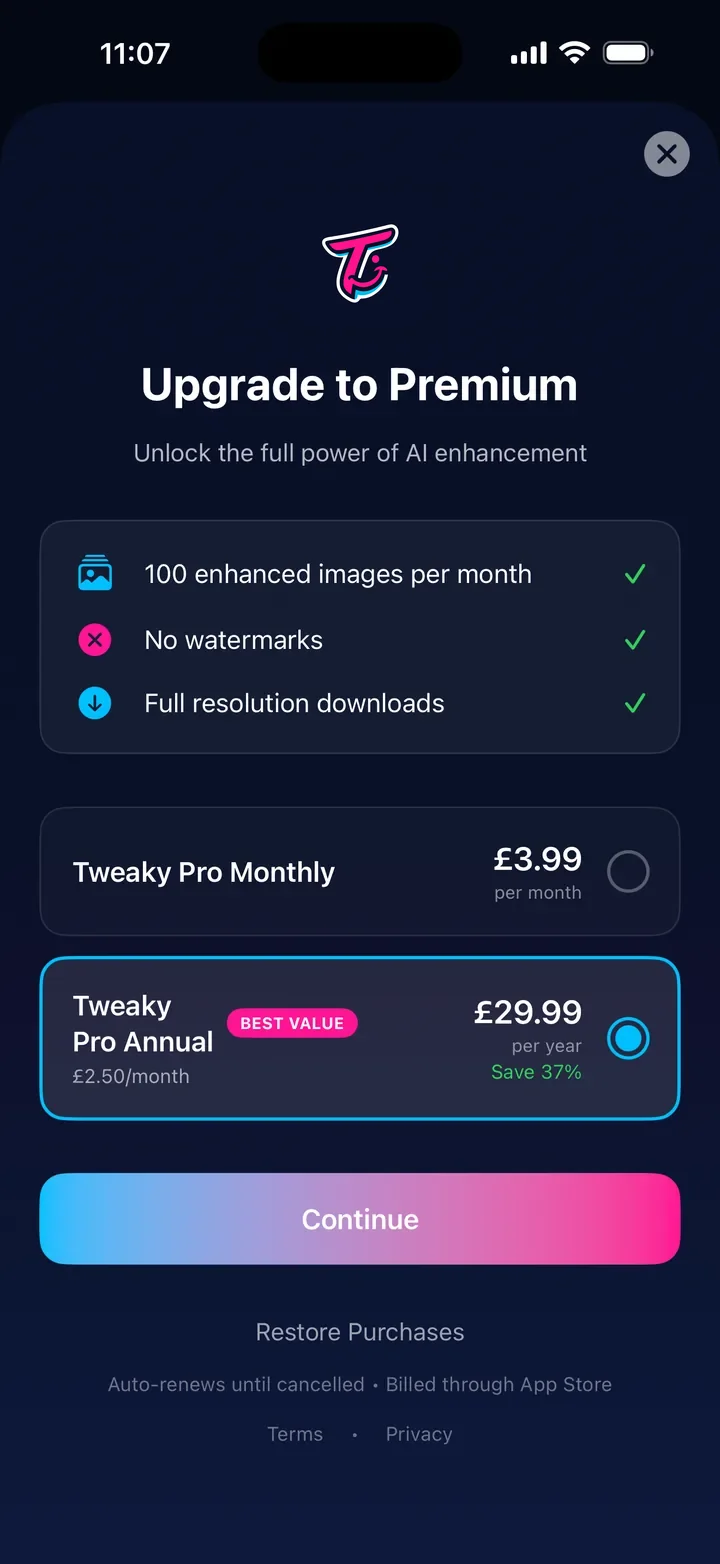 Tweaky Pro upgrade screen