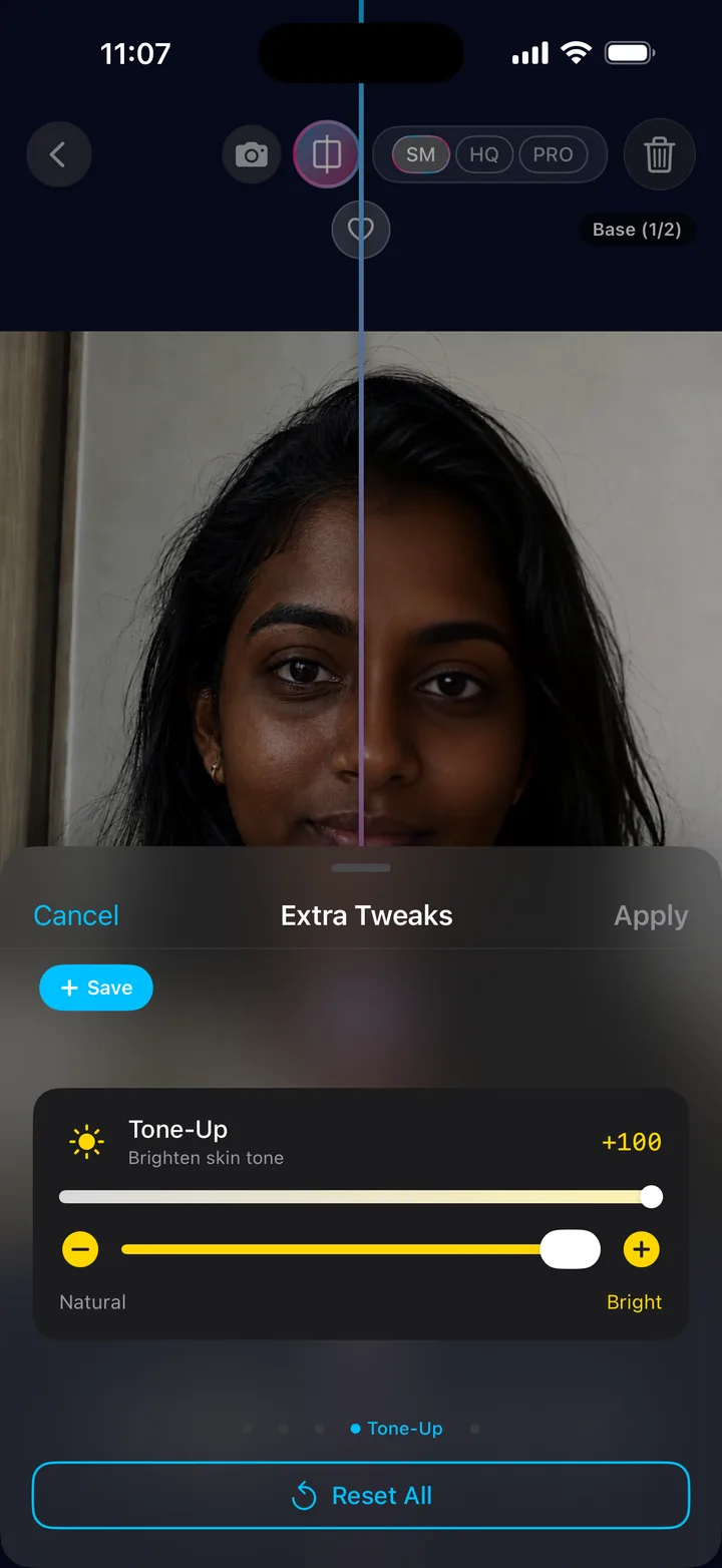 The Tone-Up slider gently brightening a portrait in Tweaky