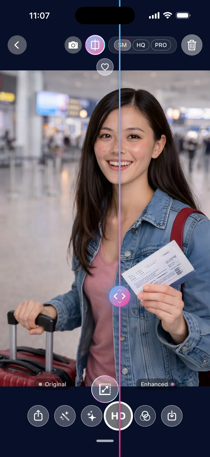 Before and after comparison of a traveller's photo in Tweaky