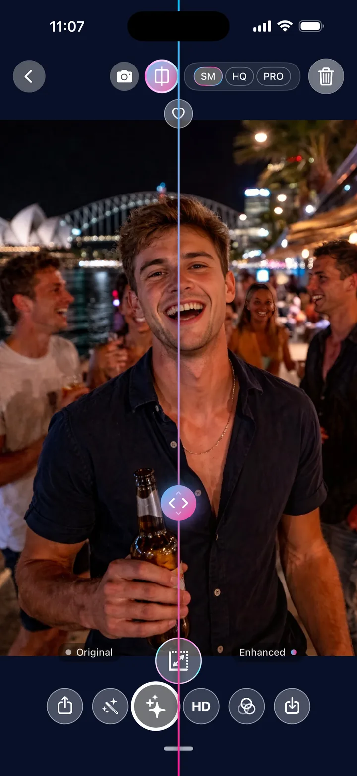 Before and after comparison of a night-out photo in Tweaky