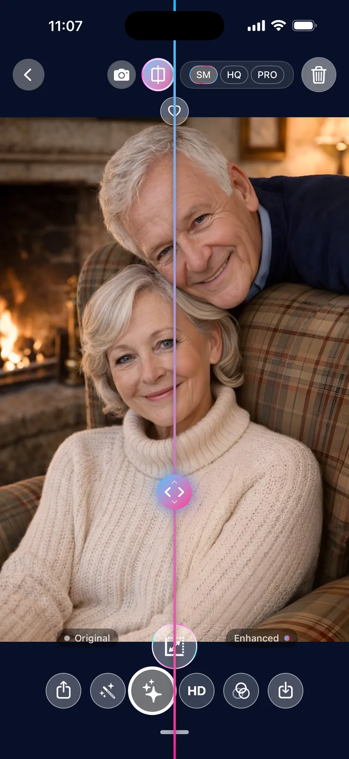 Before and after comparison of an older couple's photo in Tweaky